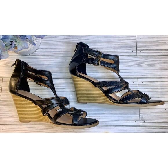 Attention Black Faux Leather Strappy Gladiator Platform Wedge Sandals S:9 - Picture 8 of 9